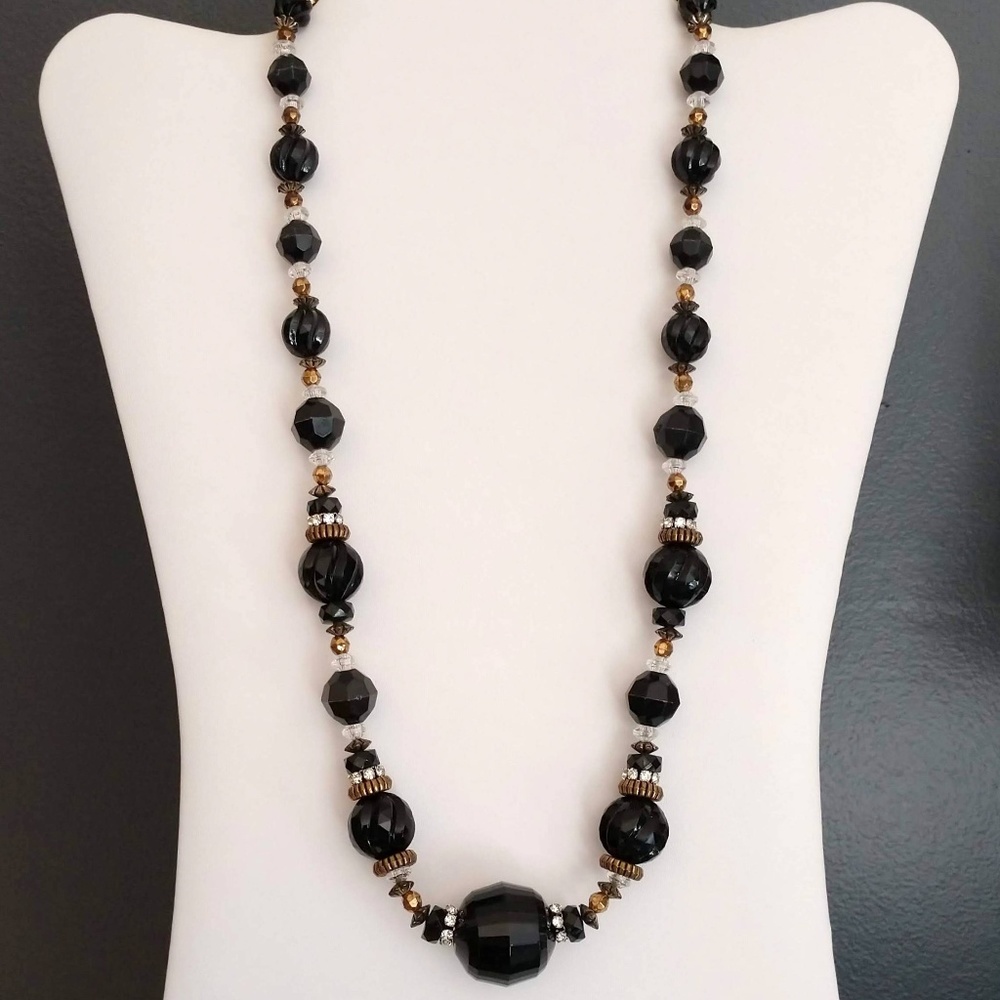 Black beaded necklace w/bronze and cz accents